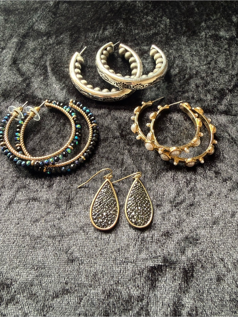 Assortment of 4 Costume Jewelry, Hoop and Tear Drop Earrings Women Jewelry